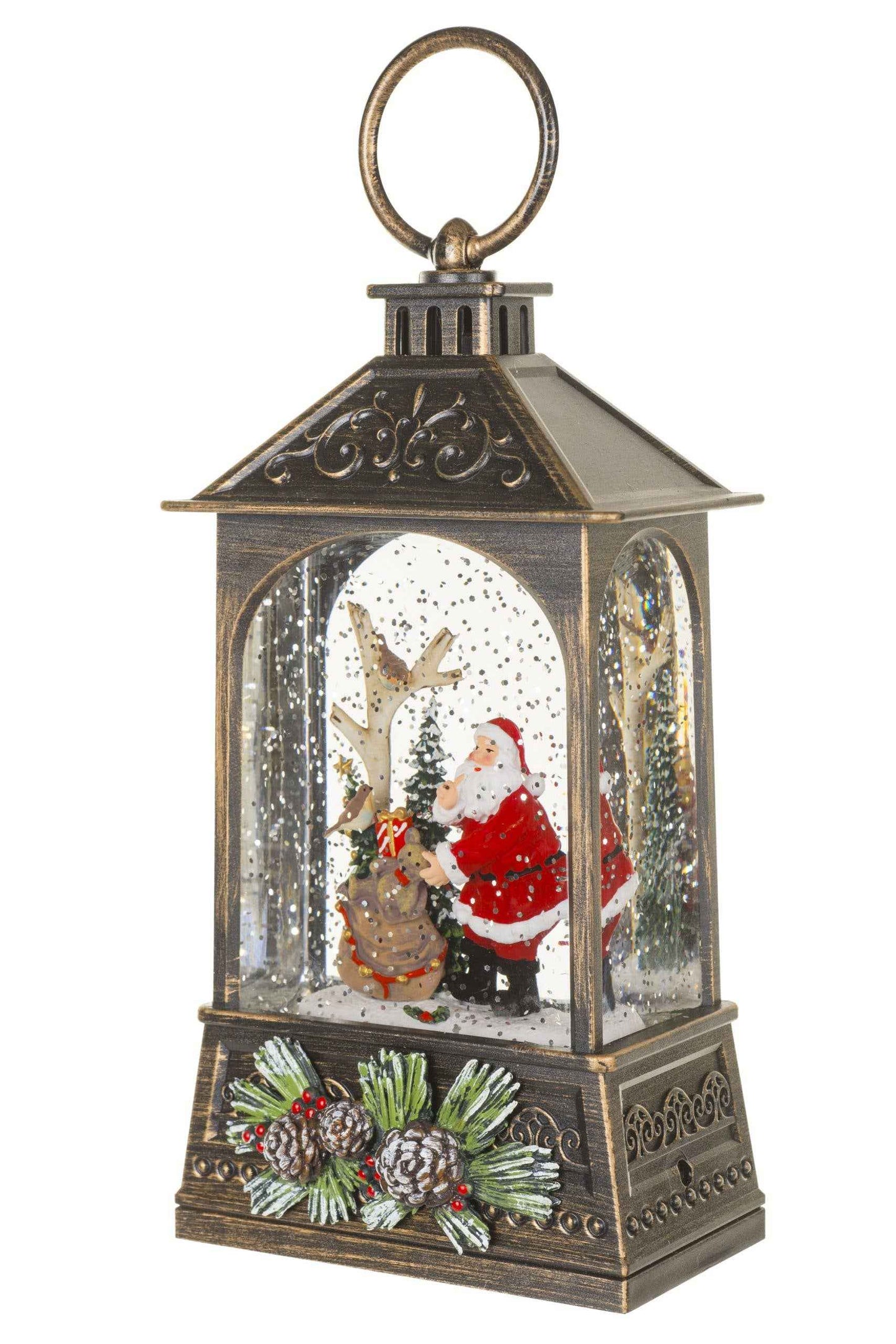 NEW- Brown Lantern Snow Globe with Woodland Santa-Scape