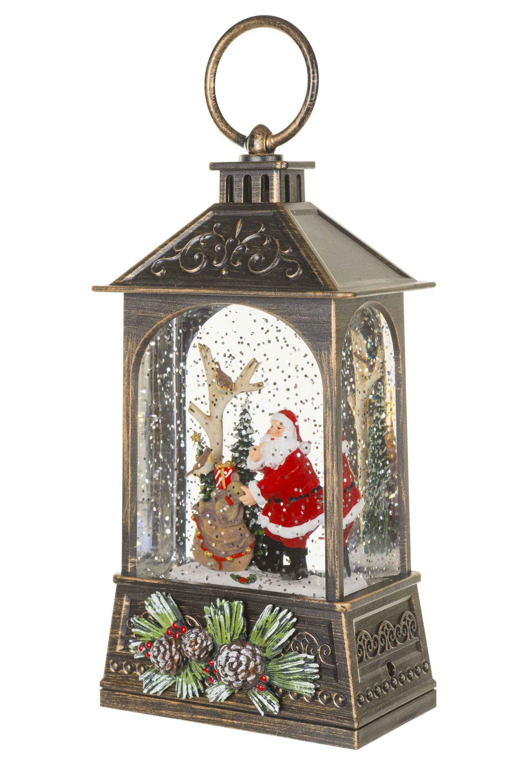 NEW- Brown Lantern Snow Globe with Woodland Santa-Scape