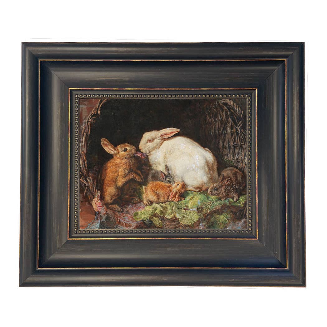 Hares and Young Framed Painting Print on Canvas
