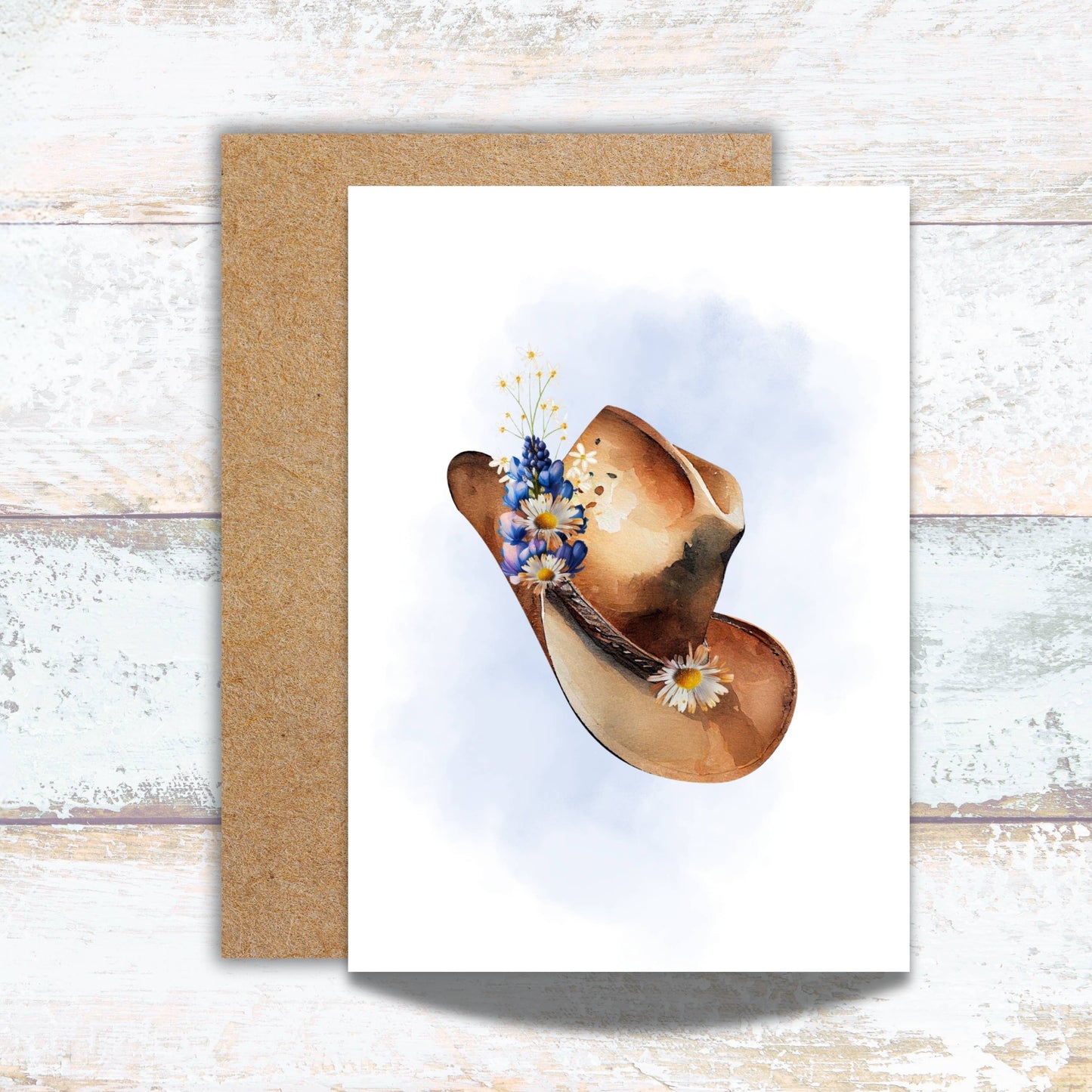 Bluebonnet and Daisy Cowgirl Hat Watercolor Greeting Card