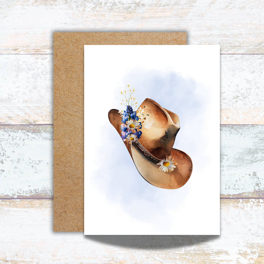 Bluebonnet and Daisy Cowgirl Hat Watercolor Greeting Card