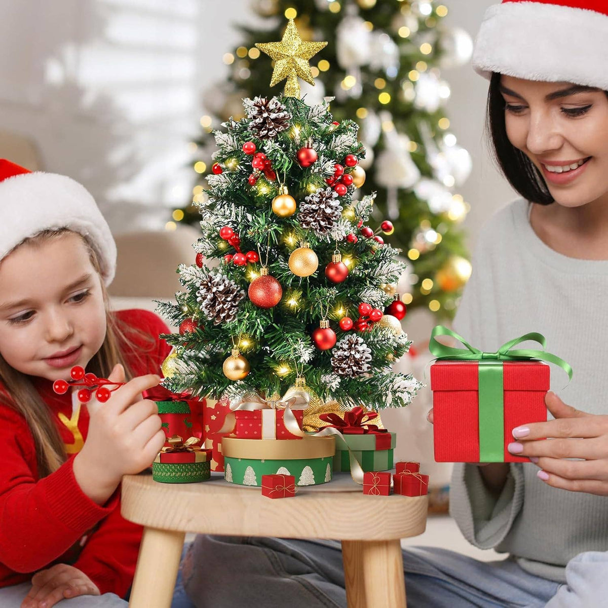 24" Tabletop Christmas Tree | Pre-Lit Lights and Ornaments