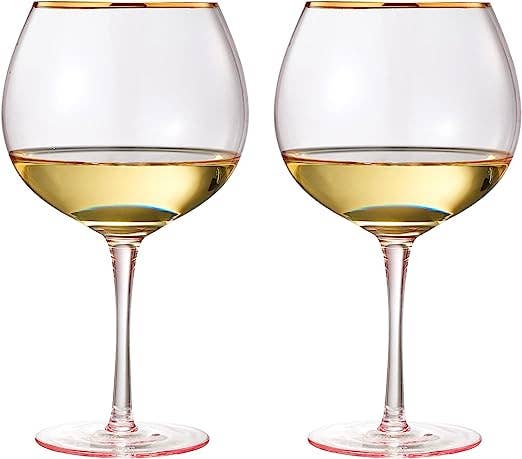 Pink & Gilded Rim Wine Glassware,  Set of 2