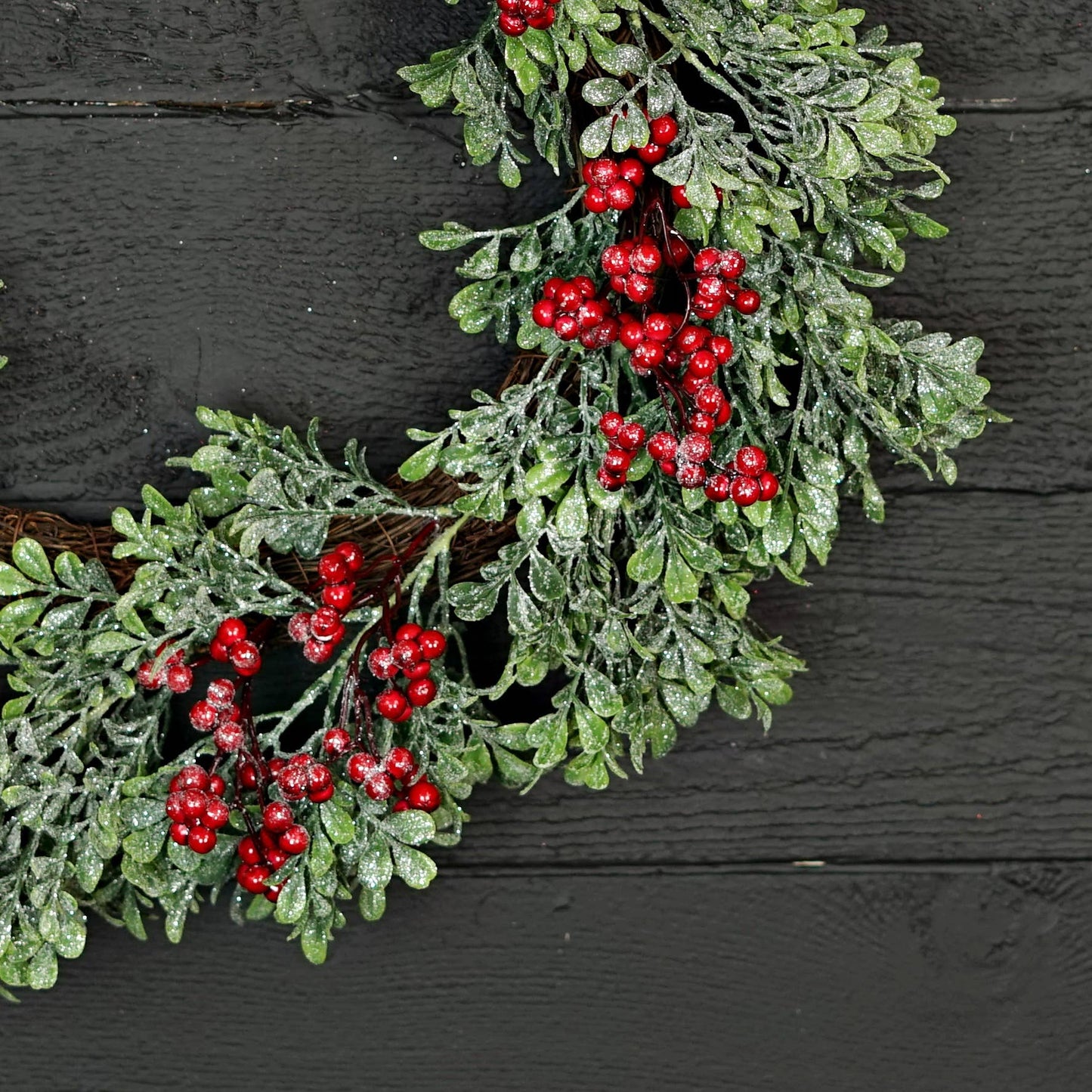 22in Twig Wreath-Icy Sparkle Boxwood with Red