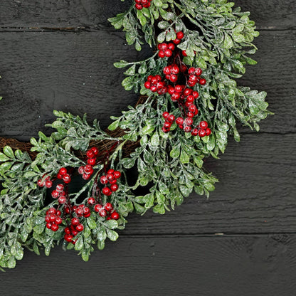 22in Twig Wreath-Icy Sparkle Boxwood with Red