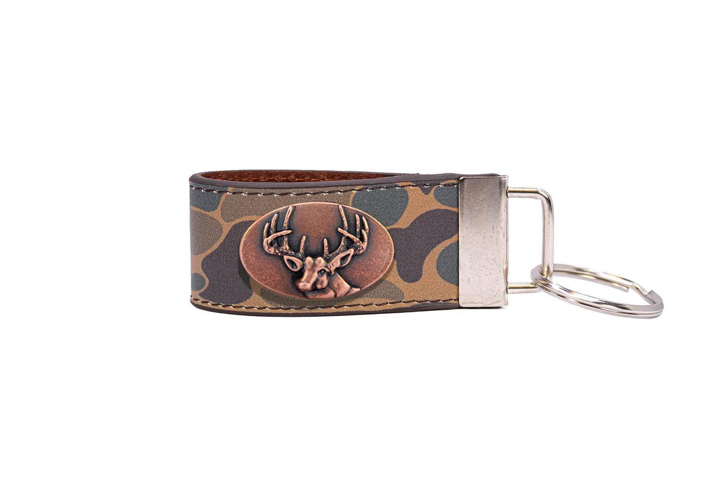 Buck Hunting Old School Camo Leather Loop Keychain.: Brown/Tan Camo