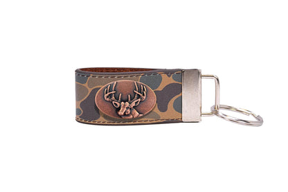 Buck Hunting Old School Camo Leather Loop Keychain.: Brown/Tan Camo