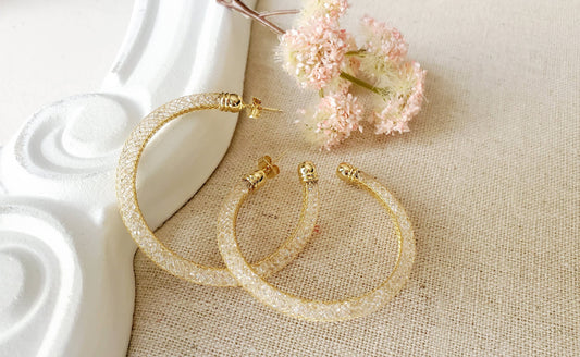 Hoop Earrings  Filled With Crystals in the Metal Mashed Tube