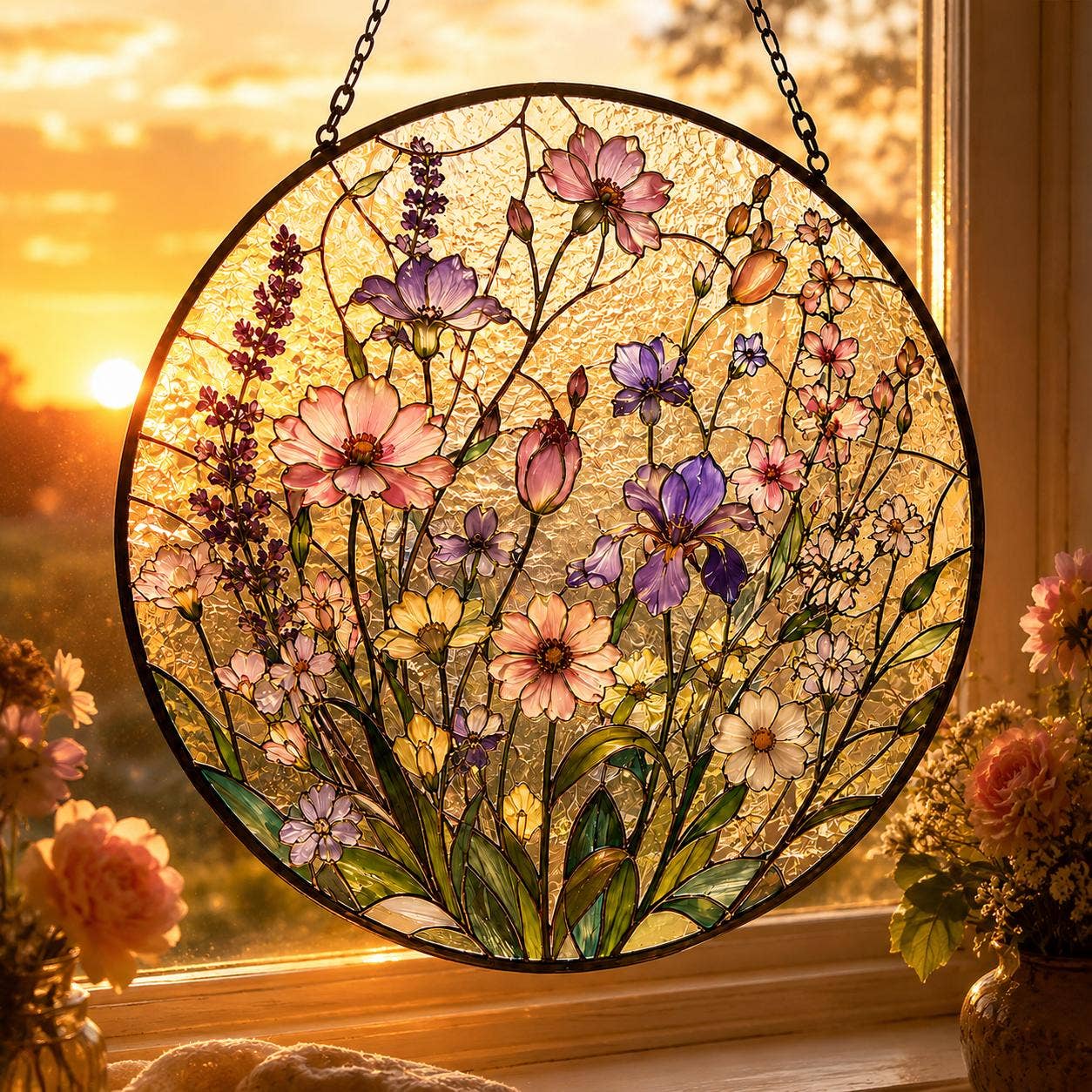 Pastel Flower Suncatcher, Stained Glass Style Window Hanging