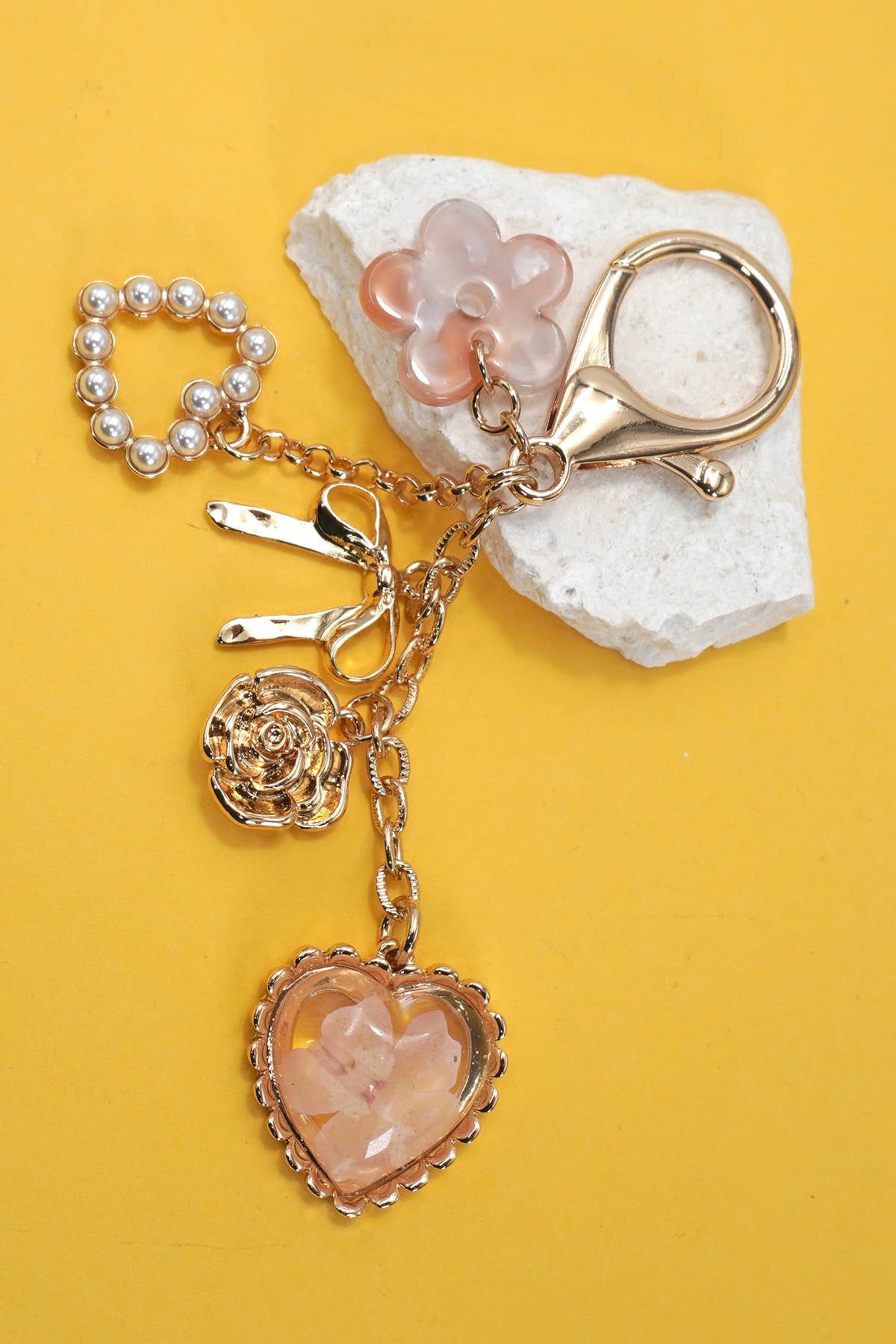 JOSSLYN by wall to wall - BAG CHARM- PRESSED FLOWER BOW PEARL HEART CHARMS | 80K026