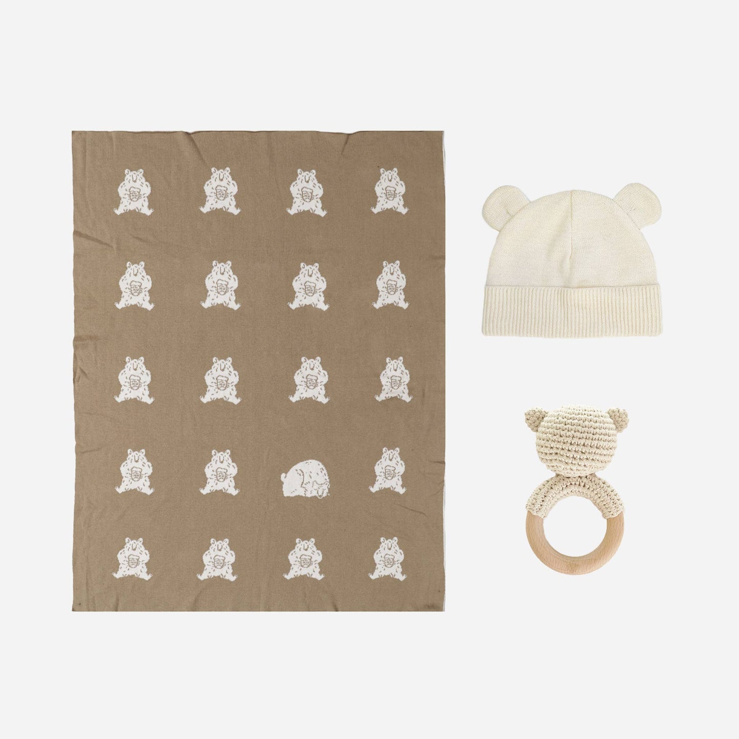 Set Honey Bear Blanket Hat and Teether Baby Gift Summer: Brown Bear