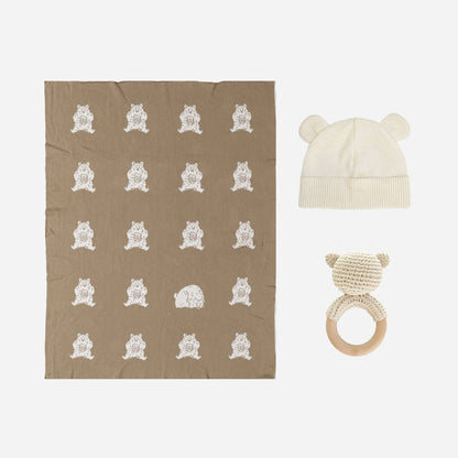 Set Honey Bear Blanket Hat and Teether Baby Gift Summer: Brown Bear