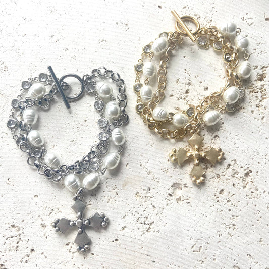 French vintage cross pearl matte gold jewelry