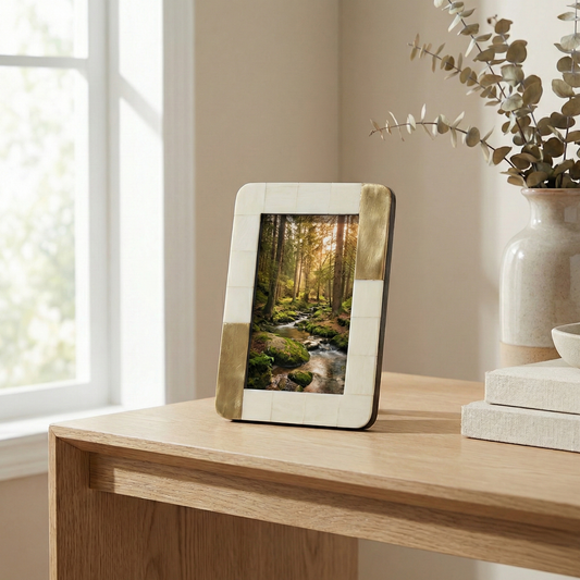 White Photo Frame W/ Brass 4 X 6