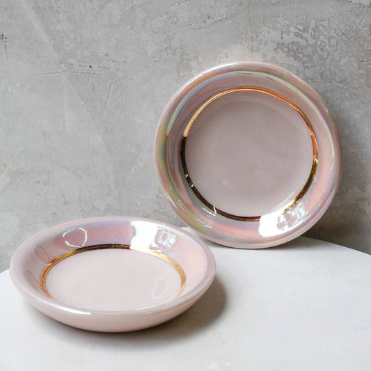 Cerámica Apricity - Plato para baratijas de ópalo rosa | Plato para anillos | Hecho a mano con oro