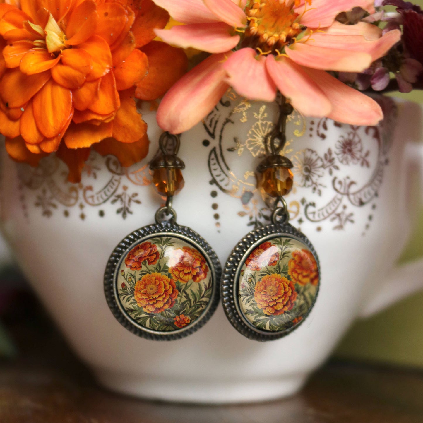 Marigold Flowers Bronze and Glass Cabochon Earrings