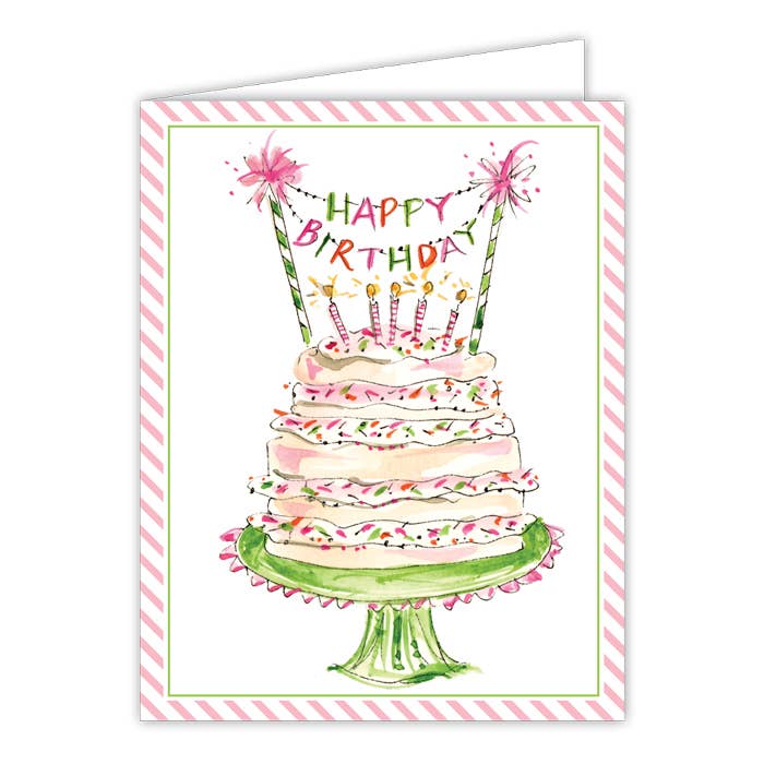 Happy Birthday Banner Pink and Green Cake Greeting Card - RosanneBeck Collections