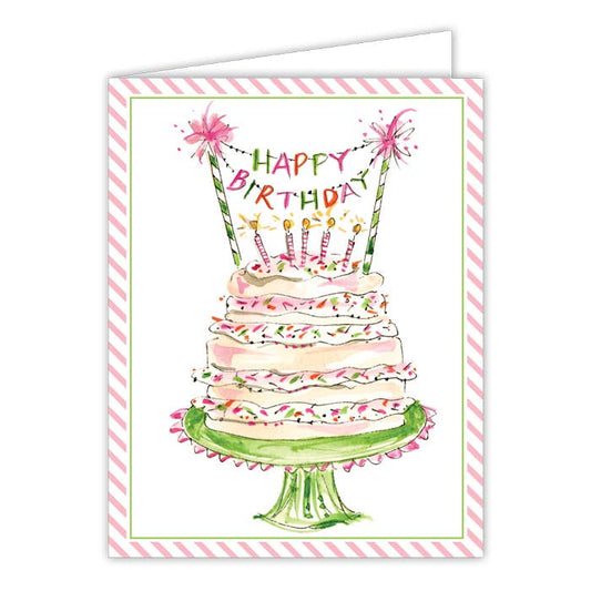 Happy Birthday Banner Pink and Green Cake Greeting Card - RosanneBeck Collections