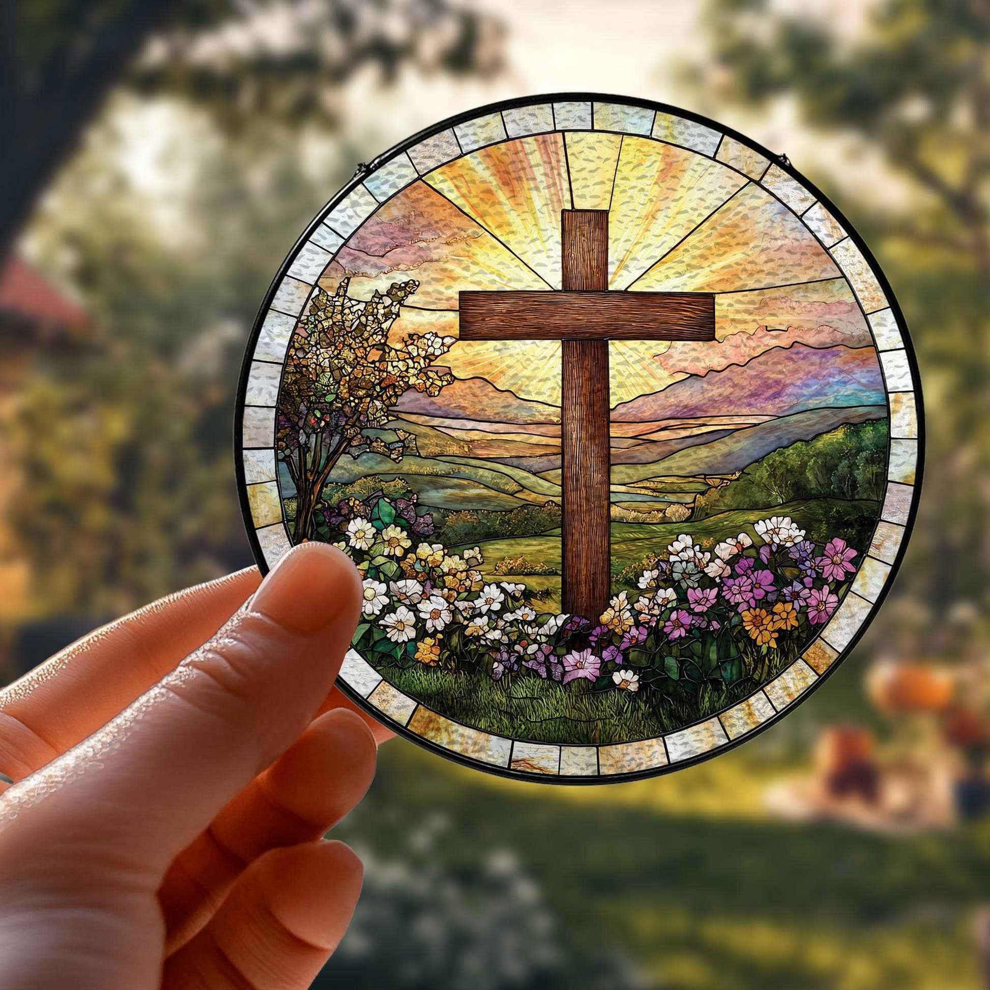 Cross And Wildflowers Strained Glass Suncatcher, Christian