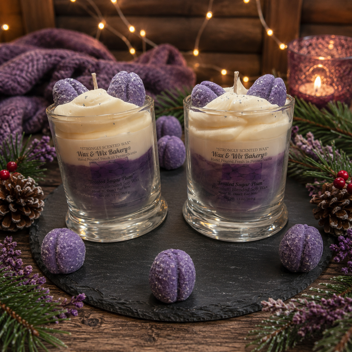 Frosted Sugar Plum Candle. 13oz. Large Soy Dessert Candle