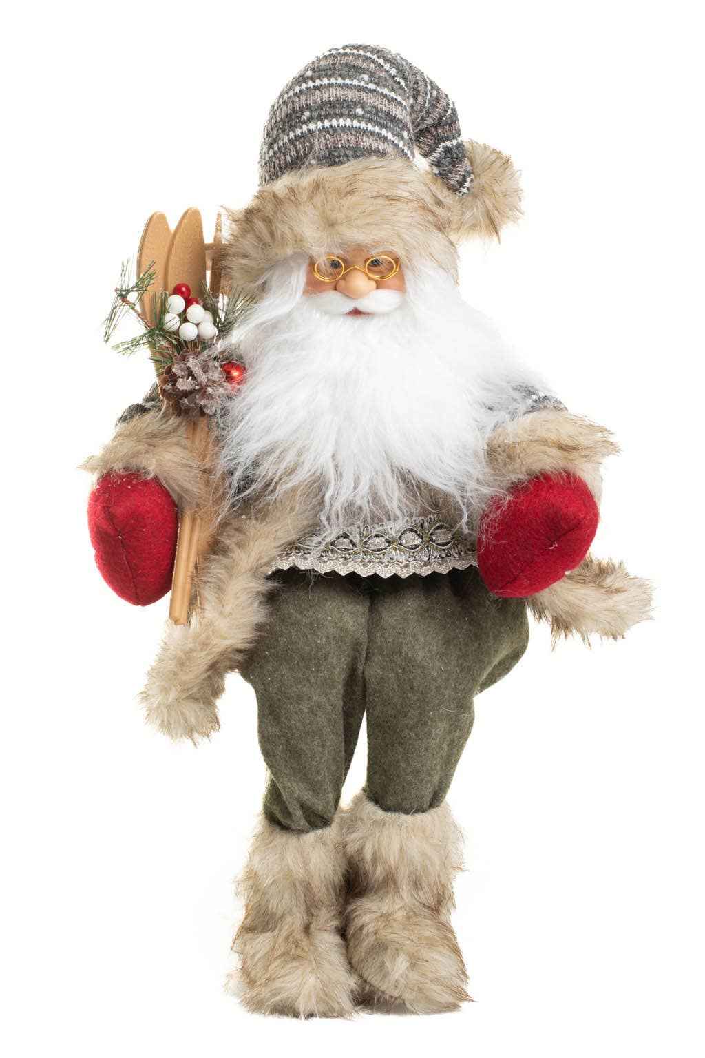 White/Gray Alpine Santa Figurine with Skis