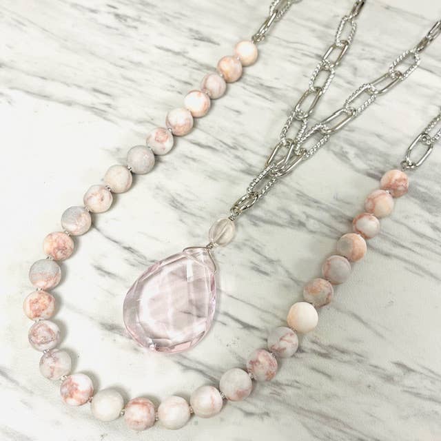 Anita K By Blushing Pink - Layered Rhodonite Necklace with Silver Paper Clip Chain