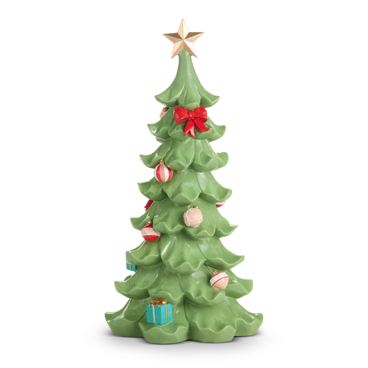 Decorated Ruffled Tree, A green resin tree with ruffled, tiered branches decorated with a red bow, pink and red ornaments, small teal wrapped gifts at the base, and a gold star on top.