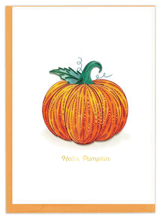 Decorative Pumpkin Greeting Card, A white card front with an orange and gold pumpkin made of fine scrolls, a teal-green stem and the words Hello, Pumpkin in gold script beneath it.