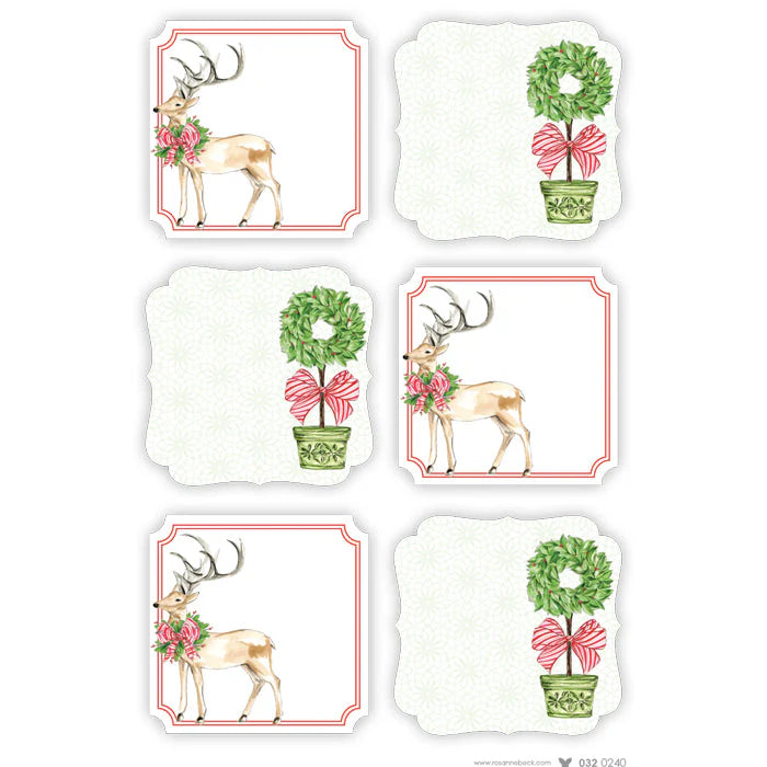 Pegatinas troqueladas de ciervo con acebo y lazo rojo para árbol de Navidad