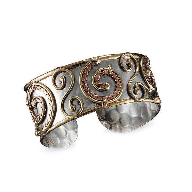 Mixed Metal Cuff Bracelet - Spirals and Swirls