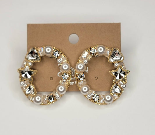 Handmade Post Earring-Circle with pearl and clear crystal
