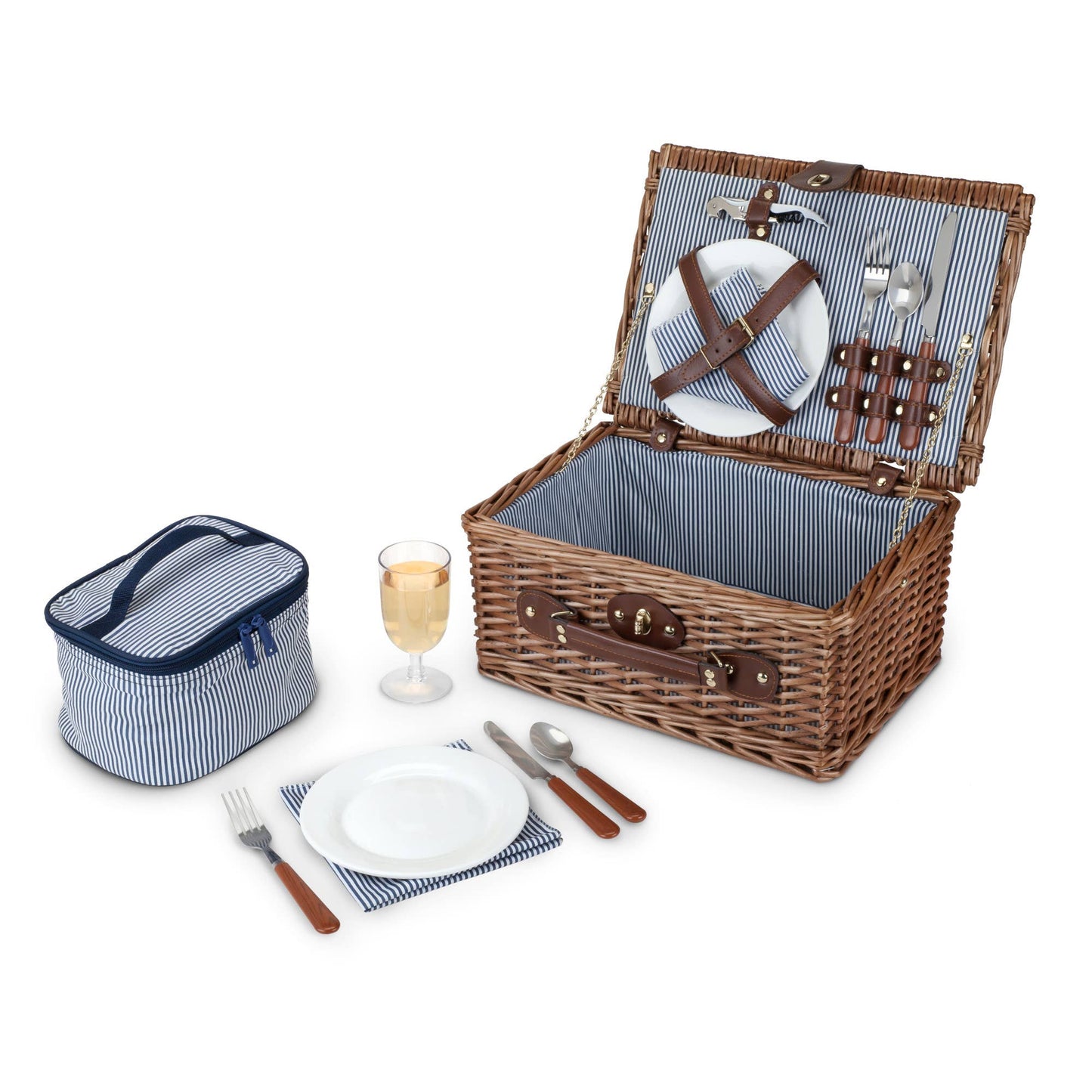 Newport Woven Wicker Picnic Basket Set w Insulated Carrier