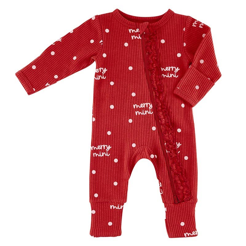 Waffle Knit Cozy Romper with Ruffles - Merry Mini  6-12 Mo