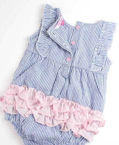 Baby Girls Blue Seersucker Classic Ruffle Bubble Romper: Blue