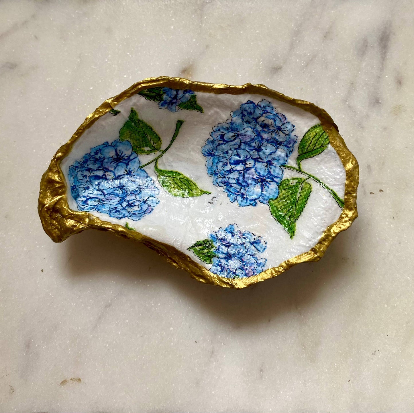 Blue Hydrangea Oyster Shell Jewelry Dish