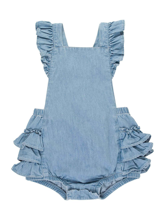 Baby Girls Light Wash Flutter Overall Romper: Blue / 0-3m