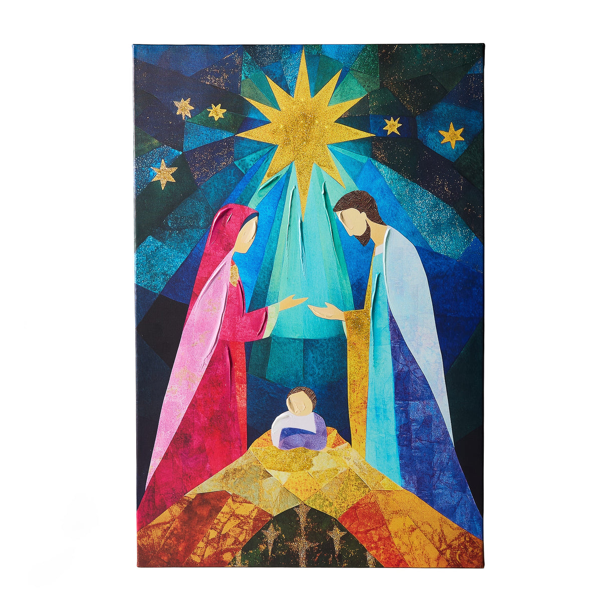 Divine Light Wall Art, A canvas print of a stylized nativity scene with Mary and Joseph at the manger beneath a golden star, in a wood frame.