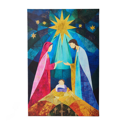 Divine Light Wall Art, A canvas print of a stylized nativity scene with Mary and Joseph at the manger beneath a golden star, in a wood frame.