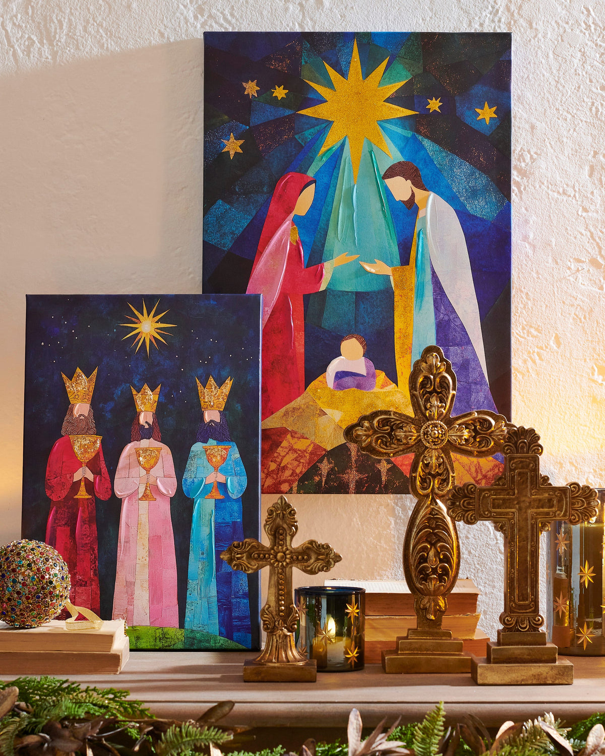 Divine Light Wall Art, A canvas print of a stylized nativity scene with Mary and Joseph at the manger beneath a golden star, in a wood frame.