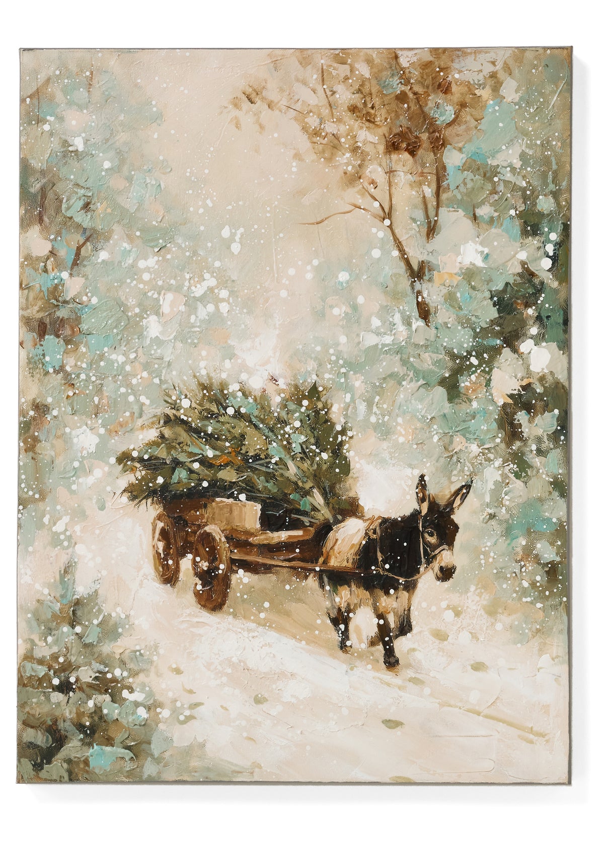Donkey and Cart Oil Painting on Canvas, A donkey pulls a wooden cart loaded with evergreen boughs down a snowy path in this oil painting.