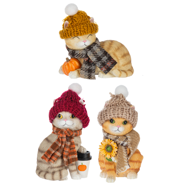 Dressed Up Fall Cat Figurine, Three tabby cat figurines in pom-pom knit hats and scarves, one sleeping beside a pumpkin, one holding a pumpkin coffee cup and one holding a sunflower.