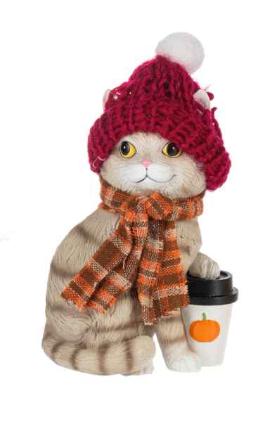Dressed Up Fall Cat Figurine, Three tabby cat figurines in pom-pom knit hats and scarves, one sleeping beside a pumpkin, one holding a pumpkin coffee cup and one holding a sunflower.