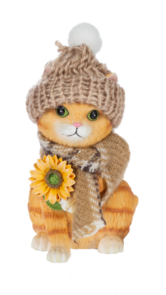 Dressed Up Fall Cat Figurine, Three tabby cat figurines in pom-pom knit hats and scarves, one sleeping beside a pumpkin, one holding a pumpkin coffee cup and one holding a sunflower.