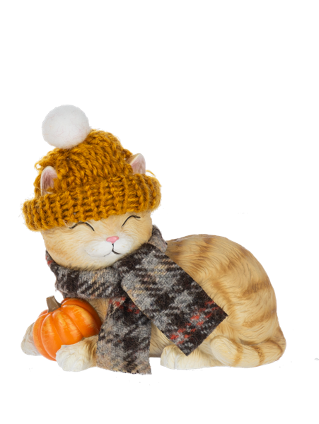 Dressed Up Fall Cat Figurine, Three tabby cat figurines in pom-pom knit hats and scarves, one sleeping beside a pumpkin, one holding a pumpkin coffee cup and one holding a sunflower.