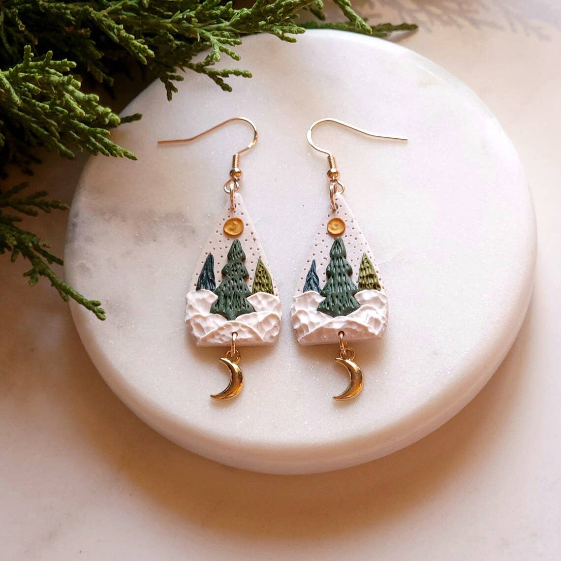 Enchanted Christmas Tree Winter Clay Gold Moon Earrings