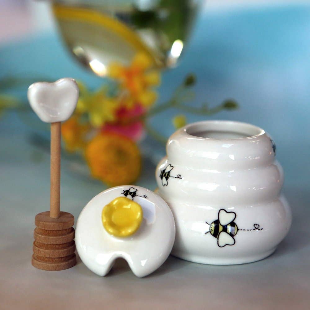 "Sweet As Can Bee" Ceramic Honey Pot with Wooden Dipper