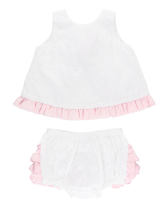 Baby Girls White & Pink Swiss Dot Swing Top & Bloomer Set: White / 3T