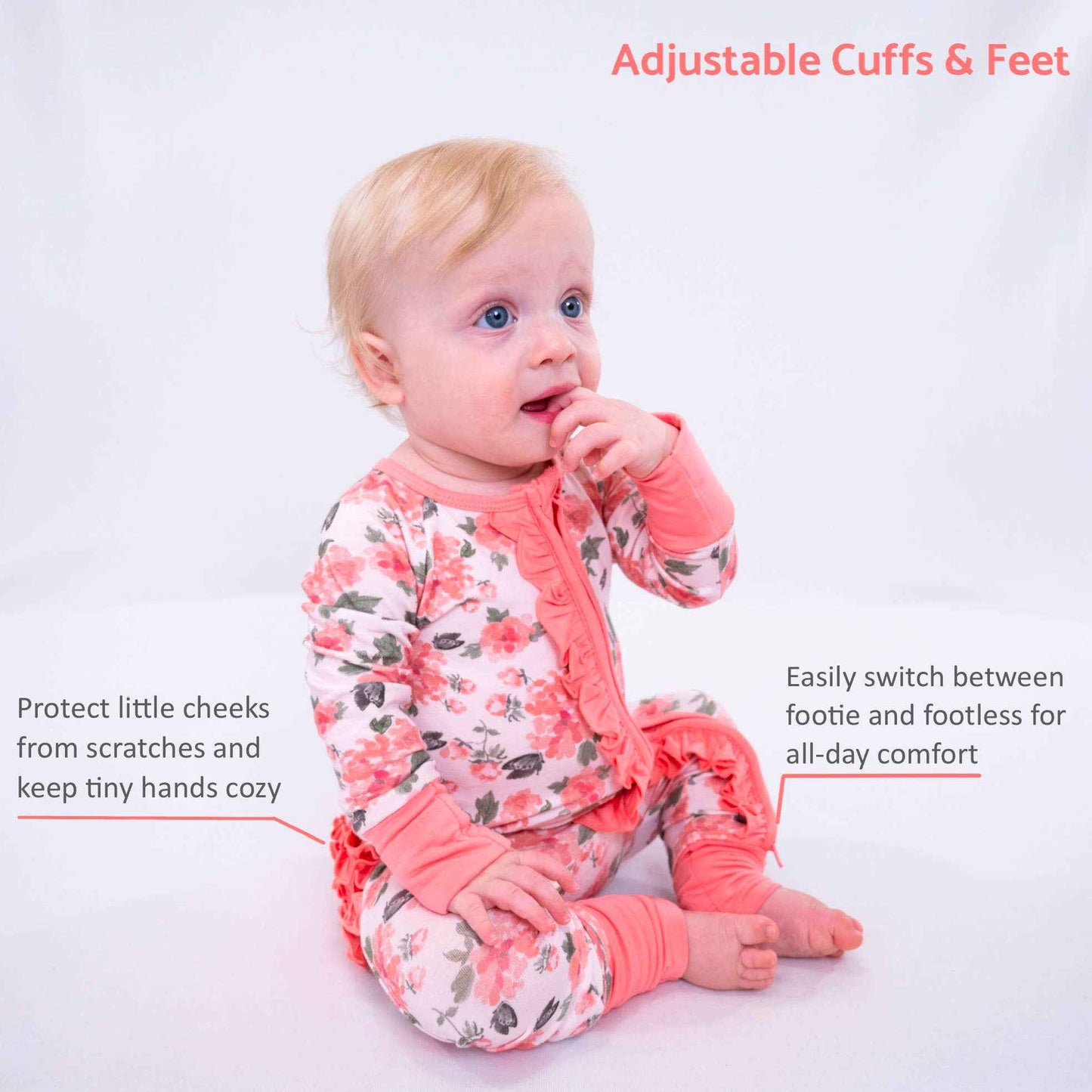 LollyBanks - Bamboo Baby Convertible Ruffle Zipper Pajamas - Peony Floral