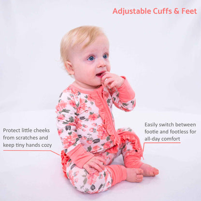 LollyBanks - Bamboo Baby Convertible Ruffle Zipper Pajamas - Peony Floral