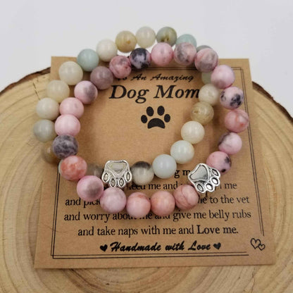 Natural Stone Dog Mom Bracelet With Card: Pink